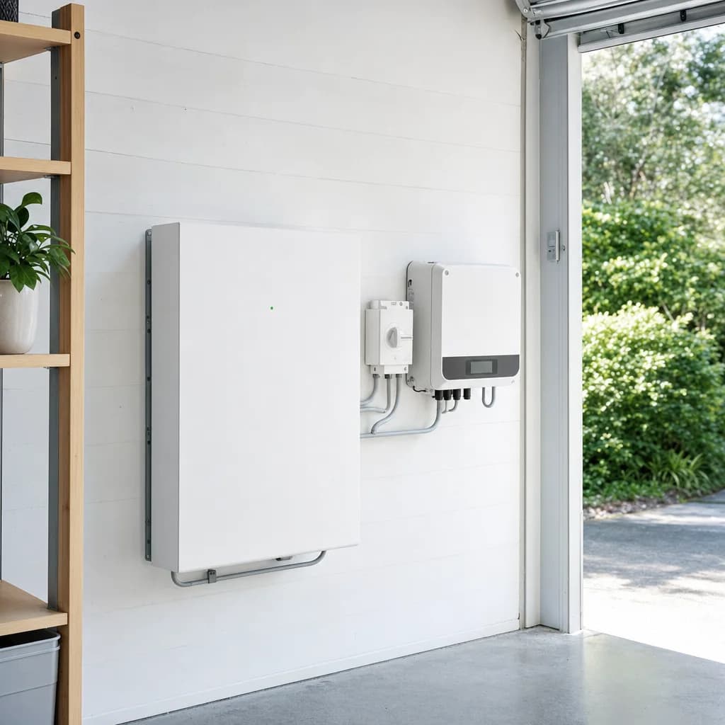 Slim white home battery beside an isolator and inverter on a light garage wall, with the roller door open to the garden