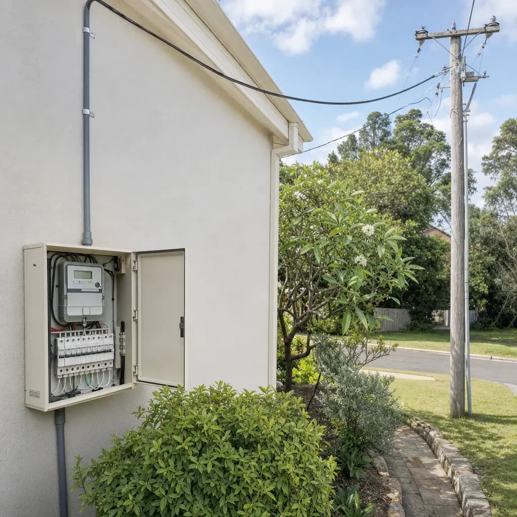 Open meter box with a smart meter and circuit breakers on a rendered house wall, with the service line running to a power pole on the street