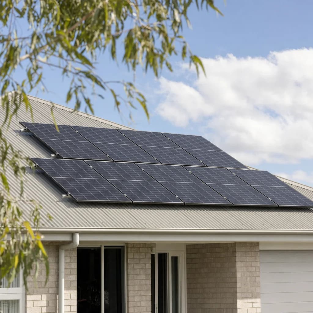 Two rows of black-frame solar panels on the grey Colorbond roof of an Australian brick home, framed by gum leaves